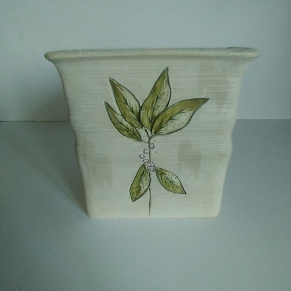 Vtg 90s Ceramic Tissue Box Cover LEAVES Home Decor Taupe Green Powder Room Bath - Picture 12 of 12